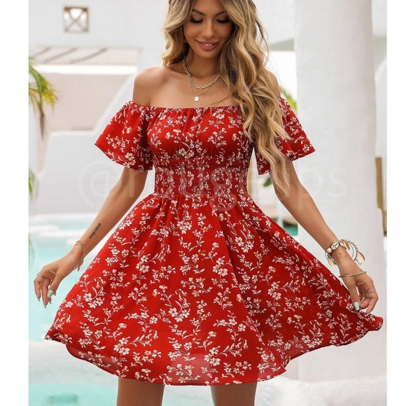 Rouge! Dresses & Skirts - Off Shoulder Red Floral Mini Dress Short Butterfly Sleeve Fit and Flare Shirred